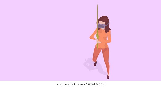 Virtual Reality Augmented Concept.Woman Character with VR Glasses Choosing Online Games.Easy to use and customize.New Technology Experience Gadget.Flat Vector Illustration