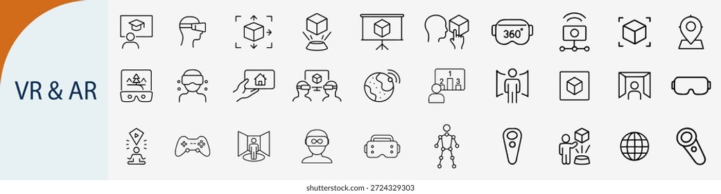 virtual reality and augmented reality icons, futuristic metaverse technology, black line vector