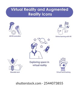 Virtual Reality and Augmented Reality Icons: Hand Tracking, Wearables, and Space Exploration.