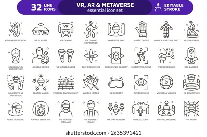 Virtual reality, augmented reality and metaverse icon set. Thin line editable stroke icons for immersive experiences, vr and ar