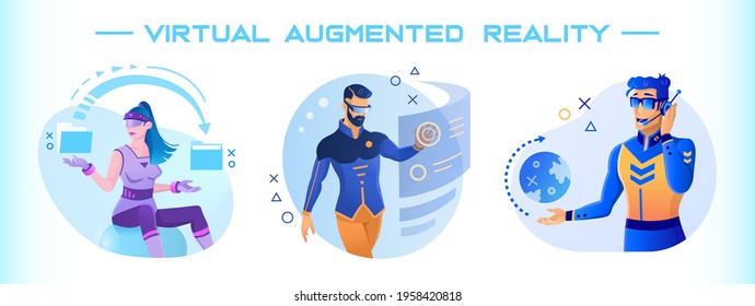 Virtual reality and augmented reality. People and future technologies. Set of futuristic vector illustrations in cyberpunk style for presentation slides or websites design.