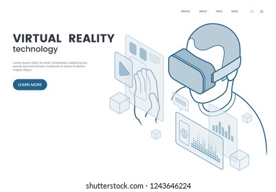 Virtuelle Realität und erweiterte Realität Vektorgrafik. Mann mit VR-Brille, die Benutzeroberfläche. Isometrischer Rahmenstil. Die Zukunft der Informations- und Unterhaltungstechnologie. EPS10.