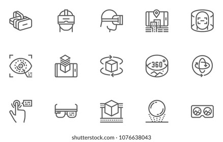 Virtual Reality and Augmented Reality Vector Line Icons Set. Virtual Reality Helmet, Panorama. Editable Stroke. 48x48 Pixel Perfect.