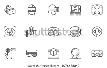 Virtual Reality and Augmented Reality Vector Line Icons Set. Virtual Reality Helmet, Panorama. Editable Stroke. 48x48 Pixel Perfect.