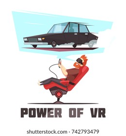 Virtual reality automated car driving experience simulator cartoon composition poster with power of VR lettering vector illustration 