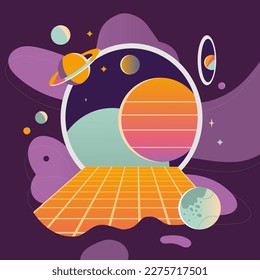 Virtual reality background, cartoon style. Cyberspace entry concept, metaverse. Space, planets and stars, retro futurism. Trendy vector illustration, hand drawn, flat design. 