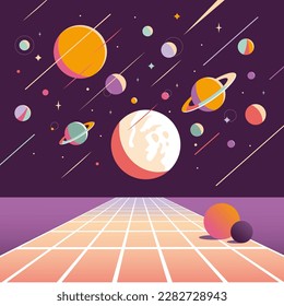 Virtual reality background, cartoon style. Concept of cyberspace and metaverse. Space, planets and stars, retro futurism. Trendy vector illustration, hand drawn, flat design. 