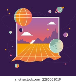 Virtual reality background, cartoon style. Cyberspace entry concept, window to the metaverse. Space, planets and stars, retro futurism. Trendy vector illustration, hand drawn, flat design. 