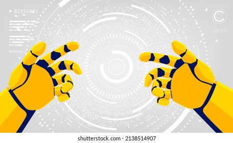 Virtual reality background with first-person perspective and robot hands. gaming concept.