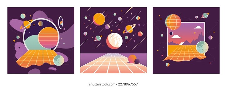 Virtual reality backgrounds set, cartoon style. Cyberspace entry concept, window to the metaverse. Space, planets and stars, retro futurism. Trendy vector illustration, hand drawn, flat design. 