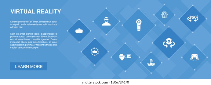 virtual reality banner 10 icons concept.VR helmet, Augmented reality, 360 view, VR controller icons