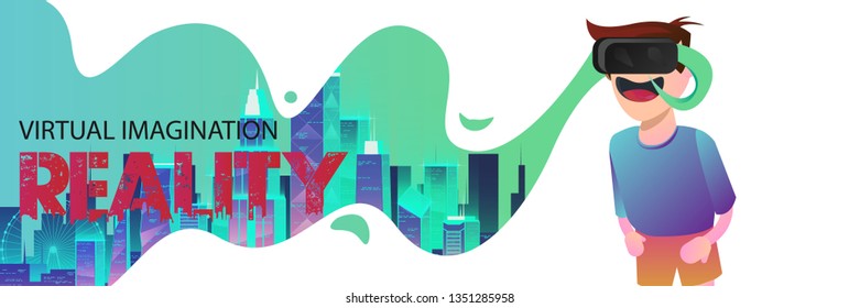 Virtual reality Banner boy imagining a dream city on white ackground