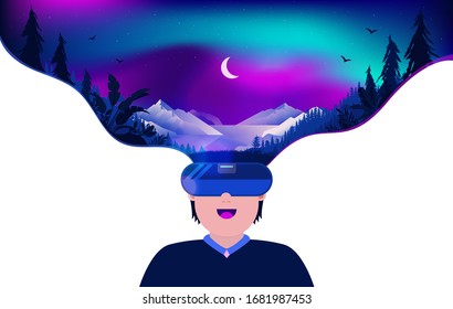 Virtual reality beauty - Man using VR headset to experience a beautiful night forest scene. Video game, escape reality and technology concept. Vector illustration. - Shutterstock ID 1681987453