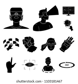 A virtual reality black icons in set collection for design. Modern technology and equipment vector symbol stock web illustration.