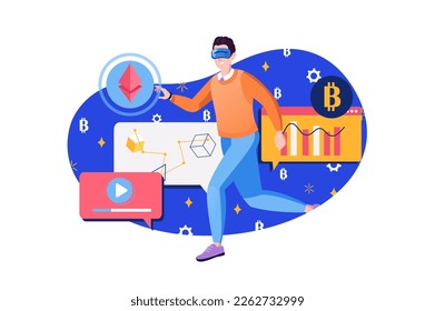 Virtual reality blue concept with people scene in the flat cartoon style. Man is in virtual world that he entered with the help of innovative technologies. Vector illustration.