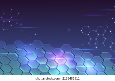 Virtual reality blue connection hexagon technology cyberspace abstract electric lightning background. Medicine, science, futuristic tech and business concept.