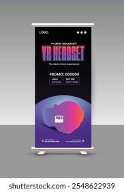 Virtual reality box, headset, and glasses sale roll-up display standee banner design template 