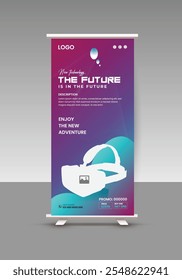 Virtual reality box, headset, and glasses sale roll-up display standee banner design template 
