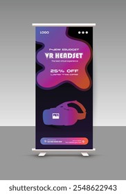 Virtual reality box, headset, and glasses sale roll-up display standee banner design template 
