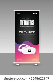 Virtual reality box, headset, and glasses sale roll-up display standee banner design template 