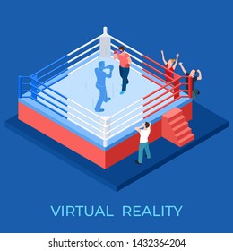 Virtual reality boxing match on isometric playground vector illustration. Virtual reality game, vr device and entertainment