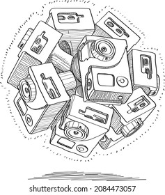 Virtual Reality Camera System  - Sketchy Vector Illustration. Hand-drawn Vector Drawing Of The Camera System For Virtual Reality. 360 Video Capture. Panoramic Video Cameras.