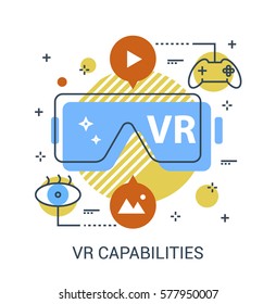 Virtual Reality Capabilities flat infographic icon concept. VR glasses with functionality symbols. Premium quality thin line vector illustration concept for Website Element, Mobile websites, Apps.
