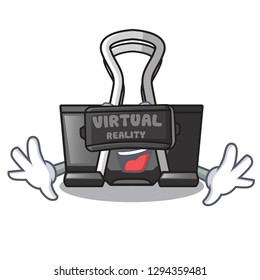 Virtual reality cartoon binder clip above wooden table