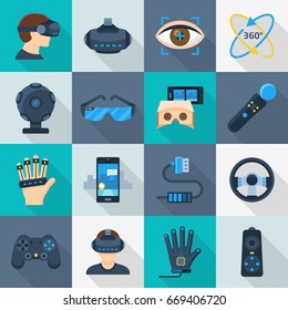 Virtual reality cartoon icon set. Headset and applications for game experience. Vector flat style cartoon illustration isolated on white and blue background