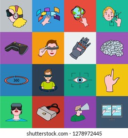 A virtual reality cartoon icons in set collection for design. Modern technology and equipment vector symbol stock web illustration.