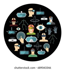 Virtual reality cartoon icons set vector illustration for design and web isolated on black circle background. Virtual reality vector object for labels, logos and advertising