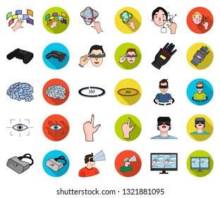 A virtual reality cartoon,flat icons in set collection for design. Modern technology and equipment vector symbol stock web illustration.