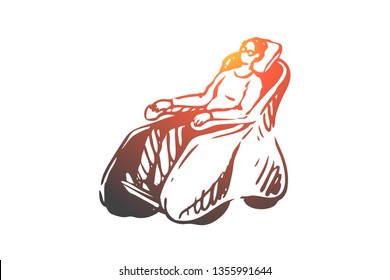 Virtual, reality, chair, game, simulation concept. Hand drawn woman in virtual reality chair concept sketch. Isolated vector illustration.