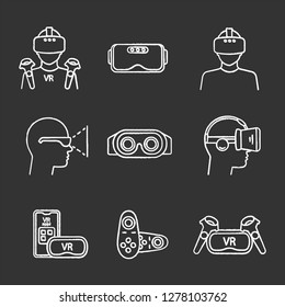 Virtual reality chalk icons set. VR games players, headsets, controllers, smartphone apps. Virtual reality devices. Isolated vector chalkboard illustrations