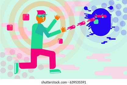 Virtual reality. The character plays in virtual reality glasses.