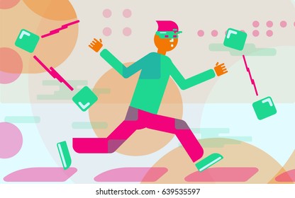 Virtual reality. The character plays in virtual reality glasses.