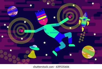 Virtual reality. The character plays in virtual reality glasses.