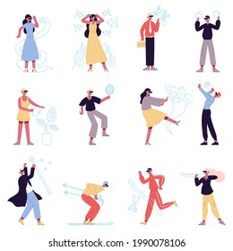 Virtual reality characters. People in augmented reality glasses inside entertainment simulation vector illustration set. Augmented reality experience play, vr sport, active amusement