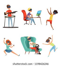 Virtual reality characters. VR helmet Funny peoples gaming virtual headset glasses video gamers. Vector mascot design in cartoon style. Illustration of vr helmet, headset virtual game device