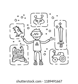Virtual reality for child. Symbols set: toys, dino, dinosaur, alien, zombie, sword, blade, tractor, machine. Games, education, fun. Design element for posters, banners or leaflets. VR concept.