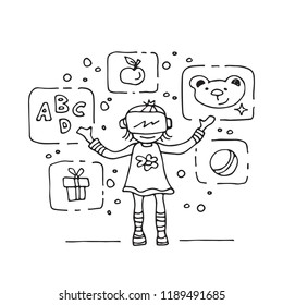Virtual reality for child. Symbols set: letters, toy bear, apple, gift box and ball. Games, entertainment, education, fun and utility. Design element for posters, banners or leaflets. VR concept.