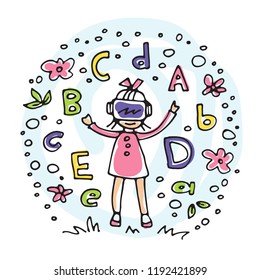 Virtual Reality For Child. Symbols Set: Letters, Flowers And Leaves. Games, Entertainment, Education, Fun And Utility. Design Element For Posters, Banners Or Leaflets. VR Concept.