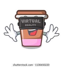 Virtual reality coffee cup mascot cartoon vector illustration