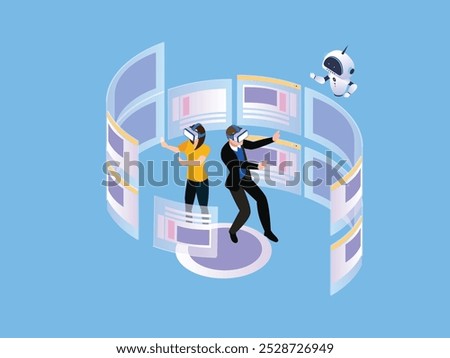 Virtual Reality Collaboration with AI 3d isometric vector illustration