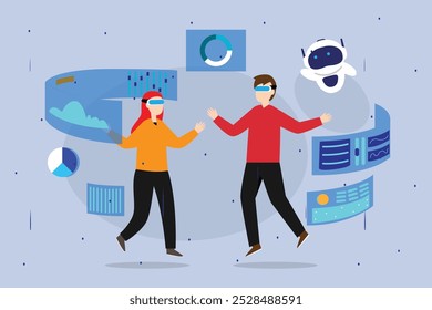 Virtual Reality Collaboration and Data Visualization - Futuristic Technology 2d flat vector illustration