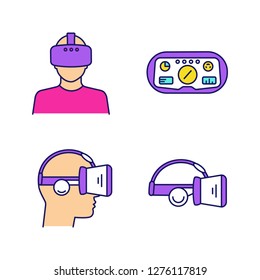 Virtual reality color icons set. VR players, headset HUD, glasses with built in headphones. Isolated vector illustrations