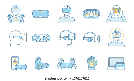 Virtual reality color icons set. VR games, apps, headset, controllers, players. Virtual reality devices. Isolated vector illustrations