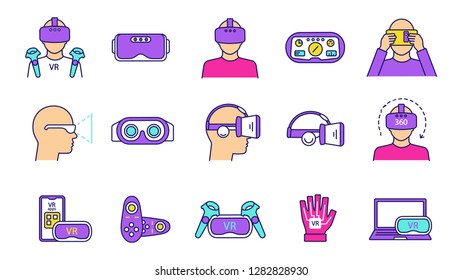 Virtual reality color icons set. VR games, apps, headset, controllers, players. Virtual reality devices. Isolated vector illustrations