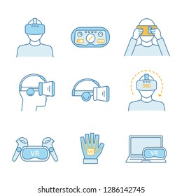 Virtual reality color icons set. VR games players, headsets, controllers, HUD, glove, computer, video. Virtual reality devices. Isolated vector illustrations