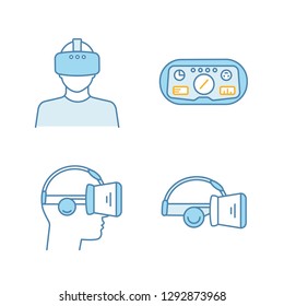 Virtual reality color icons set. VR players, headset HUD, glasses with built in headphones. Isolated vector illustrations
